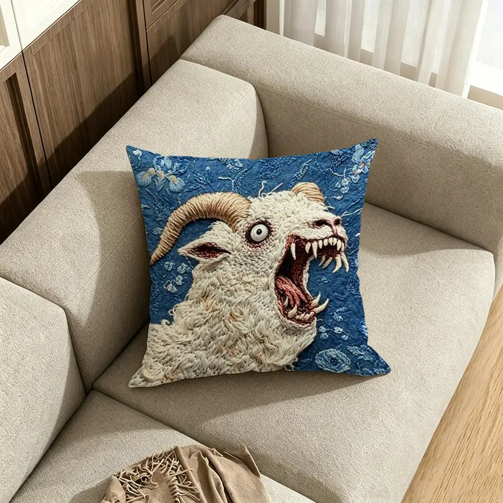 Pattern P-Pooky G-Goat F-Face 2D Cushion Cover Natural Linen Pillowcase Set, All-in-One Decor for Sofa, Bedroom & Chair