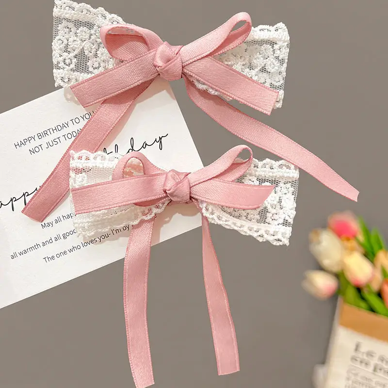 Premium Lace Bow Hair Clip with Ribbon Adorable Ponytail Side Flyaway Pin for Kids Women Sweet