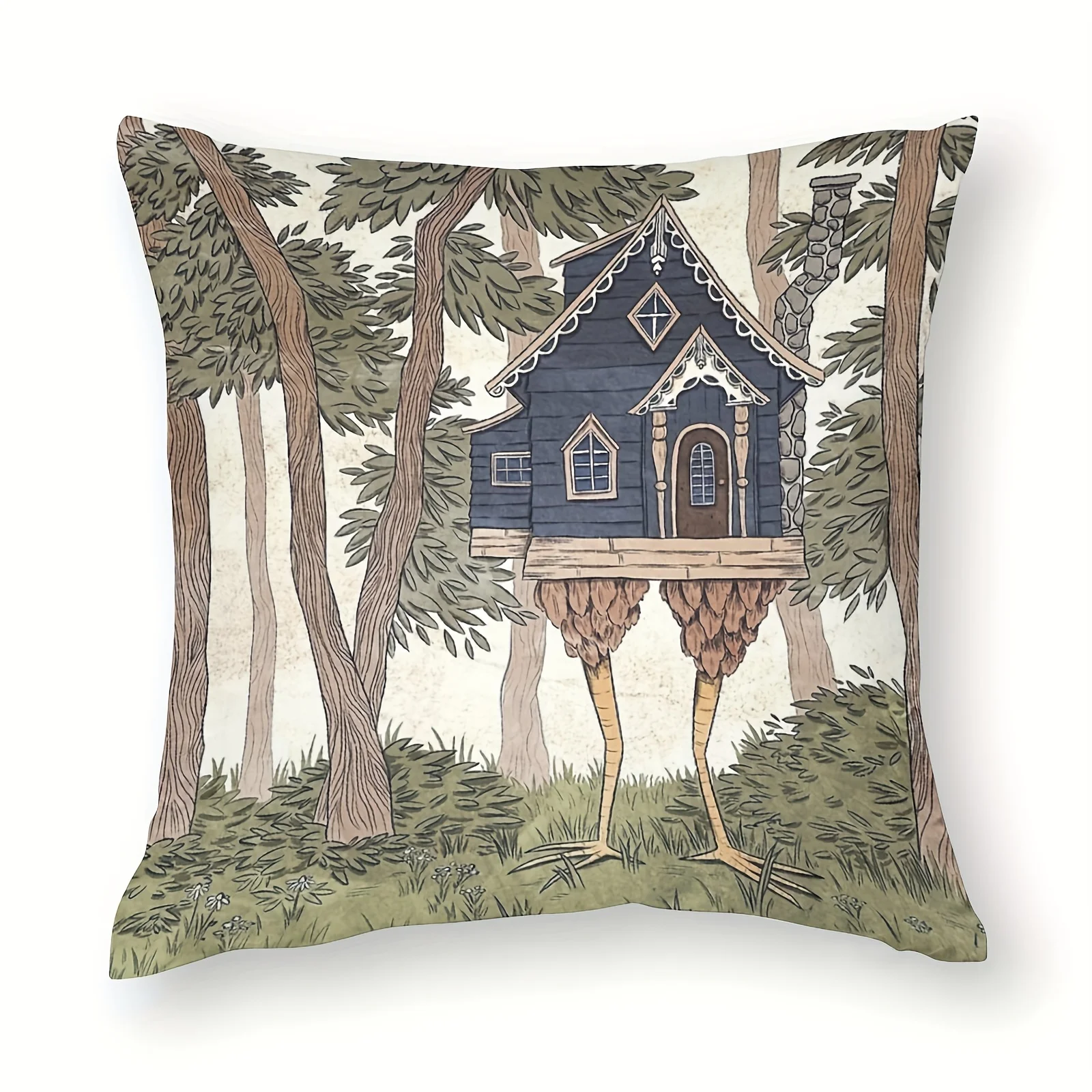 Pillow cover 45x45 Pillow case A vibrant forest scene, Babayaga's House Pillow Cover - Featuring Mushroom Legs with Zip Seal