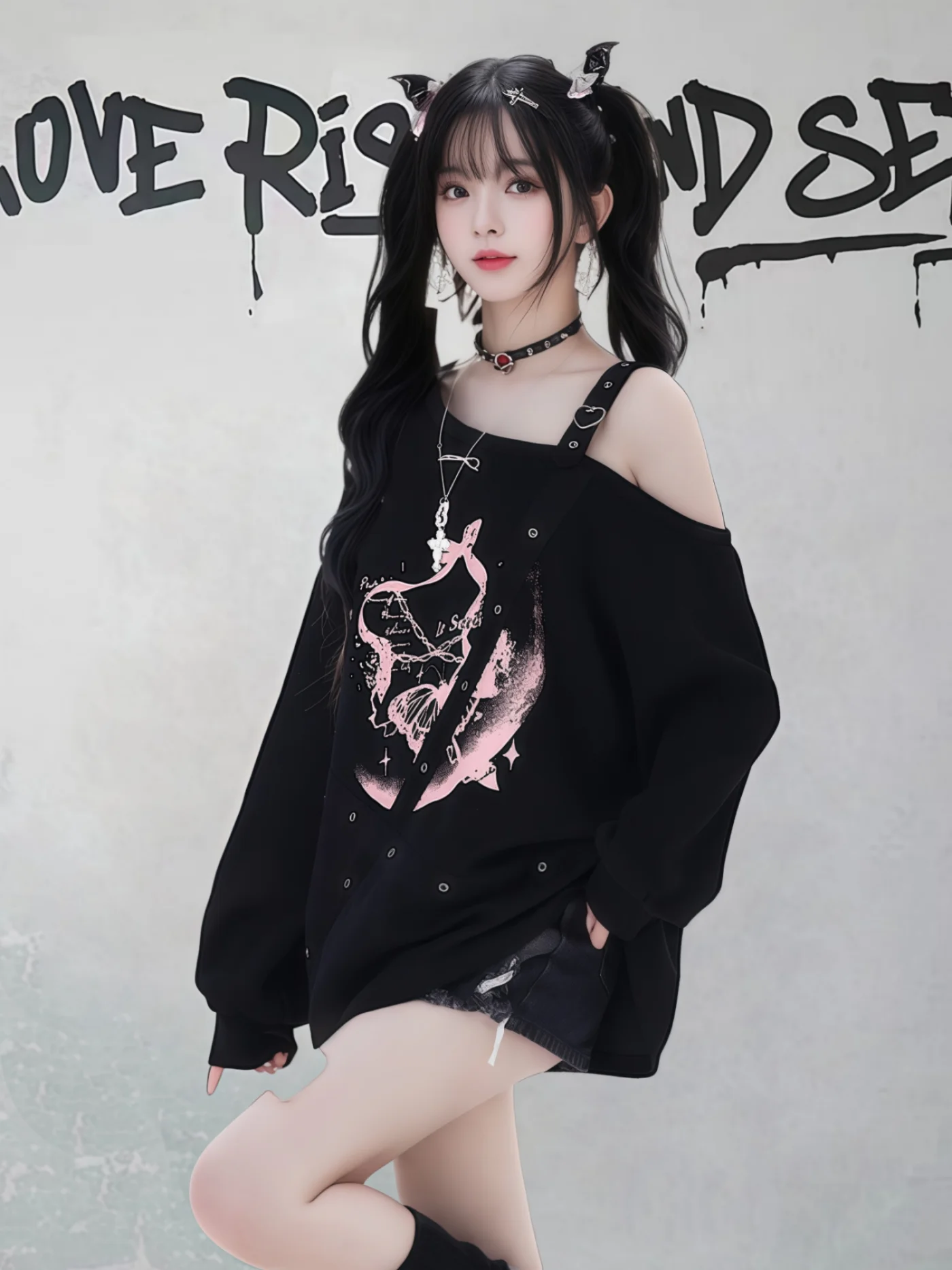 Fashion Highstreet Sweet Cool Subculture Print Sweatshirts Off-Shoulder Long Sleeve Casual Versatile Pullover Tops Women Autumn