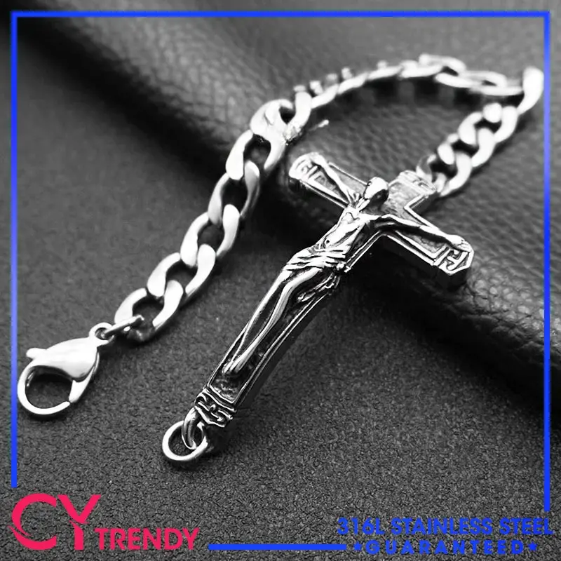 

European and American Retro Personality Jesus Cross Trend Men's Cuban Chain Stainless Steel Bracelet