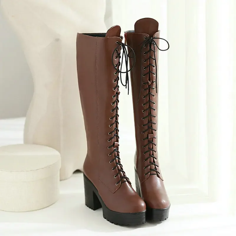 Size 34-43 Womens Knee Boots Lace-up Boots Chunky Heel Horse Riding Shoes view 5