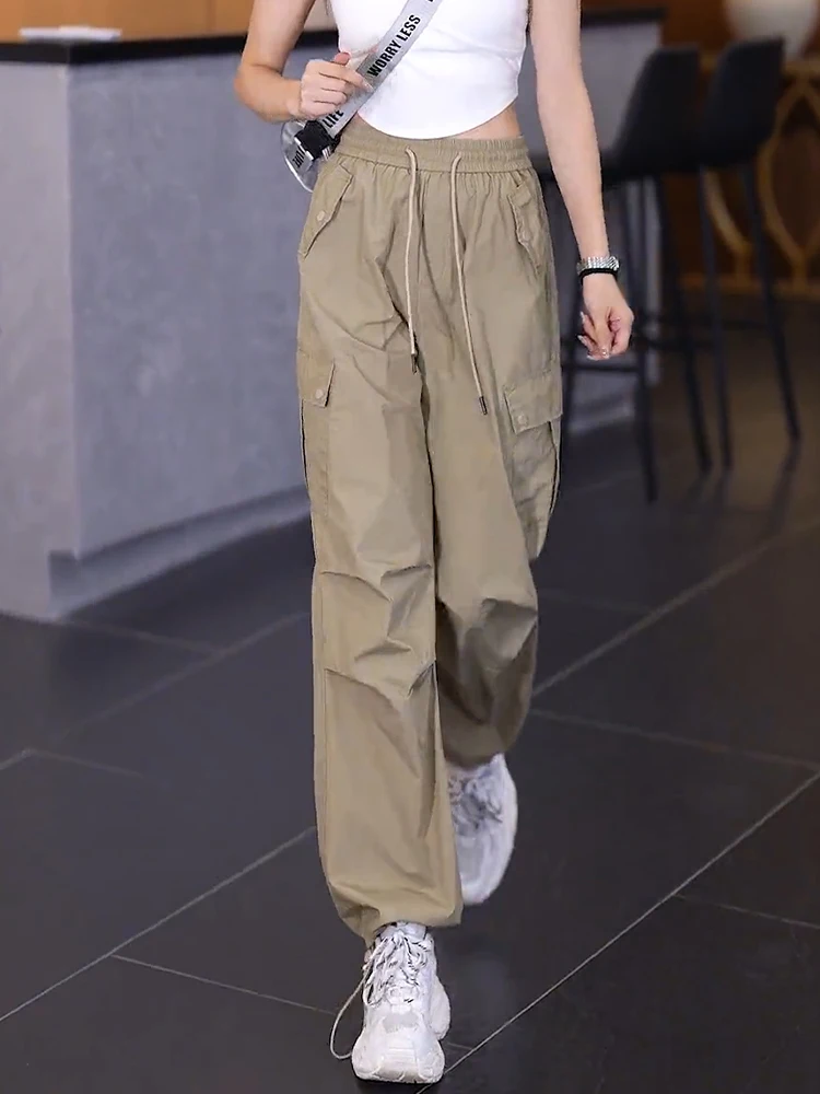 

Khaki Retro Work Pants Women Summer New Casual Trousers High Waist Thin American Sports Pants Street Style Pure Color Cargo