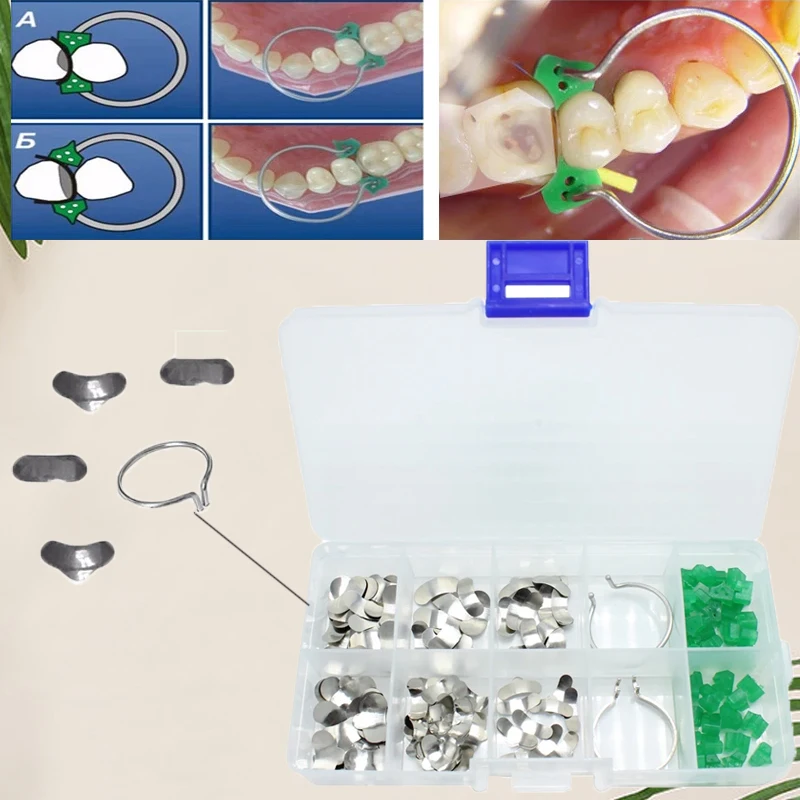 

1 set Dentist Sectional Contoured Matrices Matrix Ring with 40Pcs Delta Wedges Silicon Rubber Elastic Wedges Dentist Lab