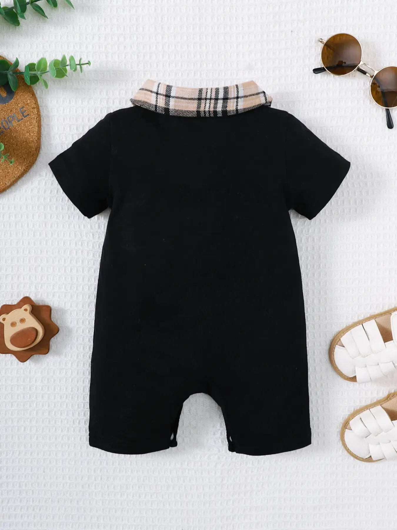 Summer Newborn Infant Baby 0-1 Years Old Boys Lapel Grid Splicing Short Sleeve Onepiece Rompers