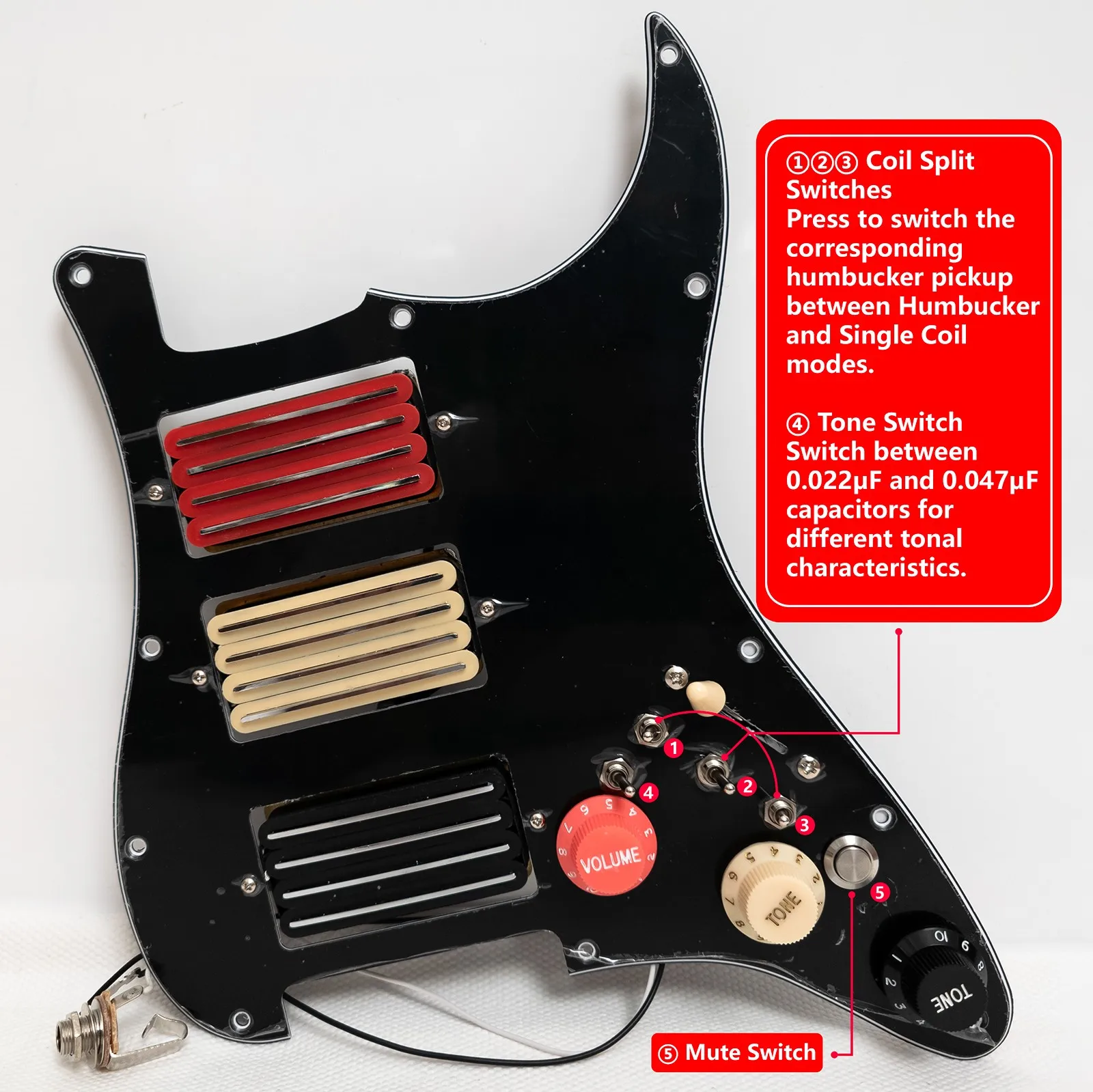 HHH High Output Prewired Loaded Pickguard for ST Style Electric Guitar,Triple Humbucker Pickup Coil Split Switches, Mute Switch