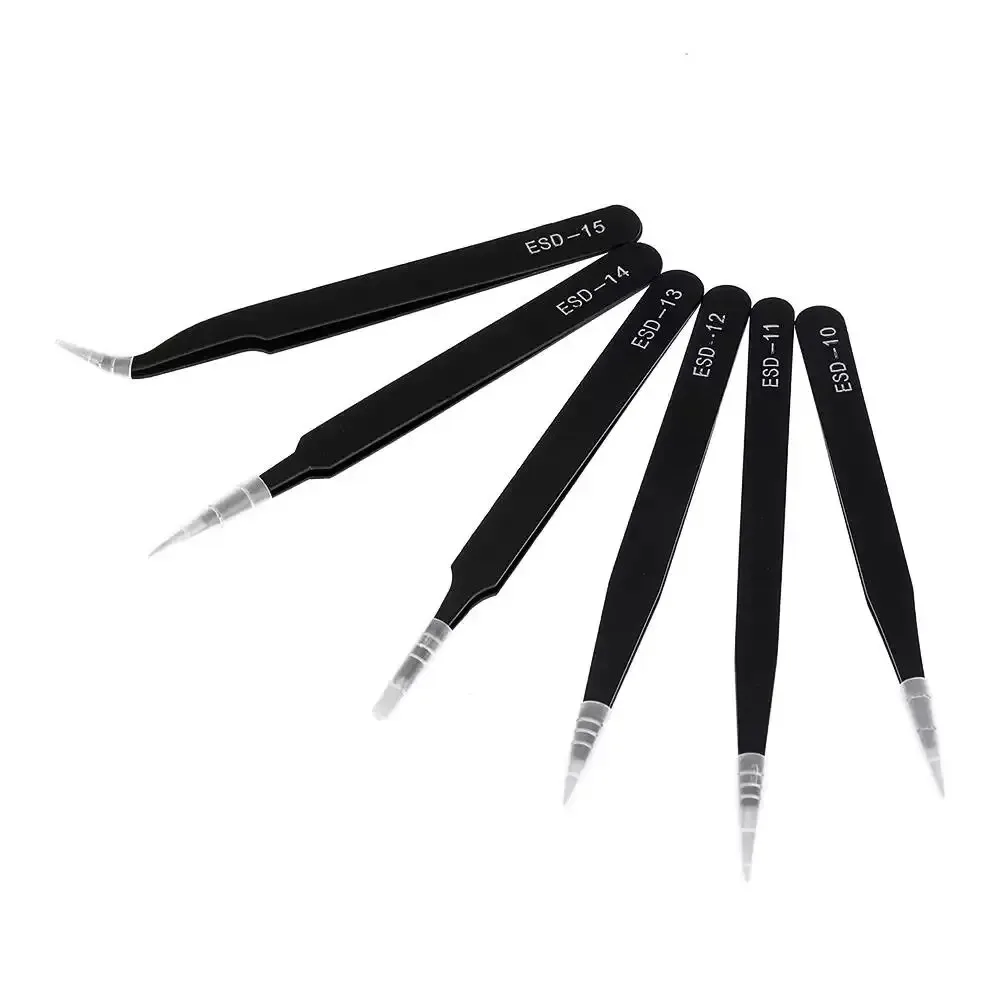 Antistatic Stainless Steel Tweezers 6 PCS Precision Maintenance Industrial Repair Curved Tool Home Work Model Making Hand Tools