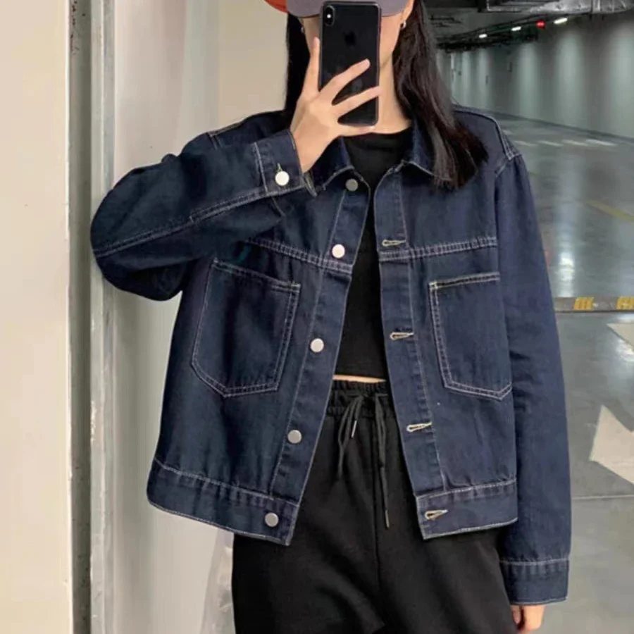 

Women's Chic Y2K Denim Jacket 2025 Single Breasted Long Sleeve Loose Fit Bomber Style Casual Office Outwear Top for Autumn