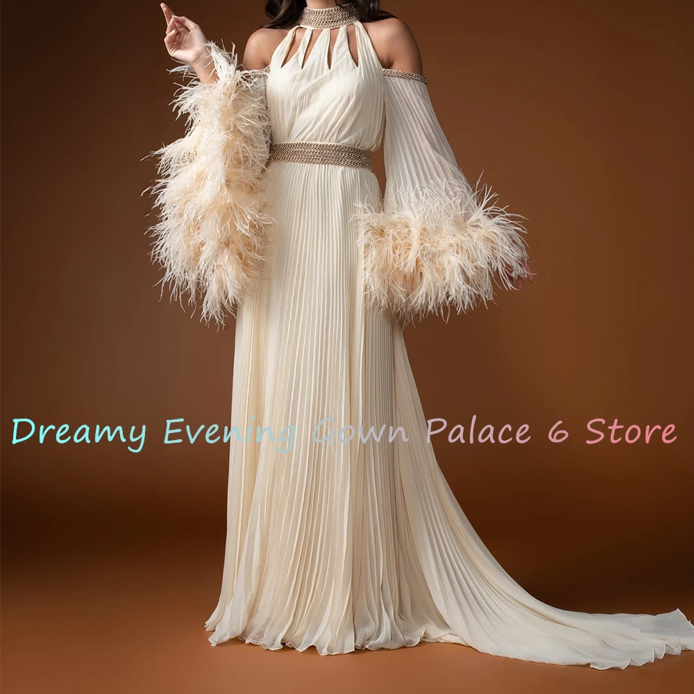 맞춤형 패션 쉬폰 A 라인 오프 숄더 깃털, 이브닝 원피스 기질 바닥 길이, 맞춤형 사이즈
