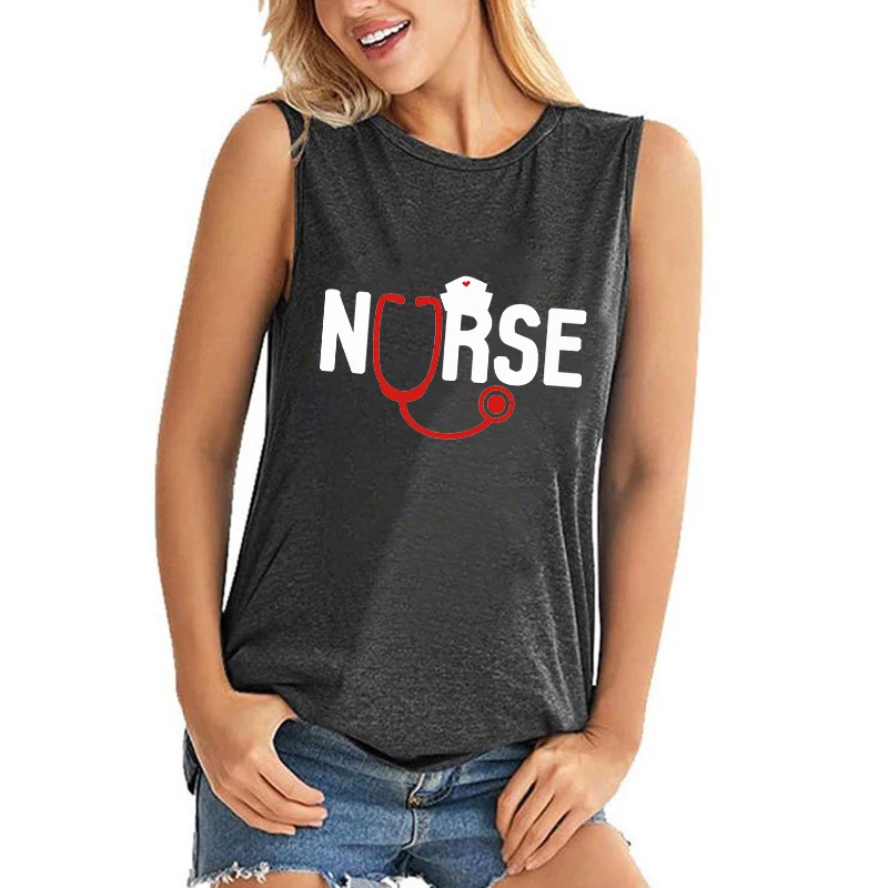 

2023 Women'S Fashion Tops Nurse Stethoscope Printed Summer Sleeveless T-Shirts Casual Plus Size Soft Tops