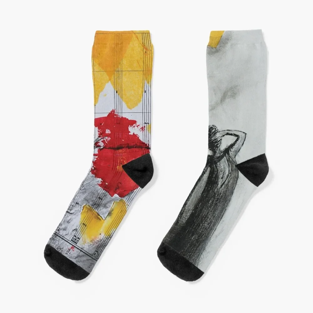 

Woman and sheet music black red yellow abstract collage Socks sport Crossfit anti slip football Socks Male Women's