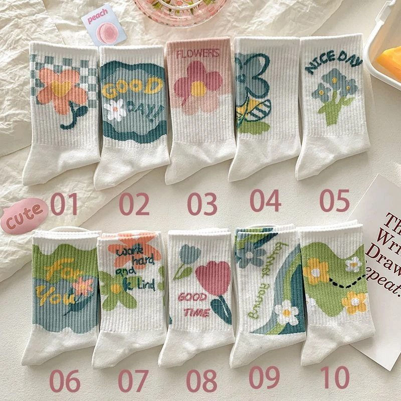 

10 Pairs 2025 Simple and Versatile Plant Flower Women's Long Socks Spring and Autumn Academic Style Sweet Girl's Mid Tube Socks