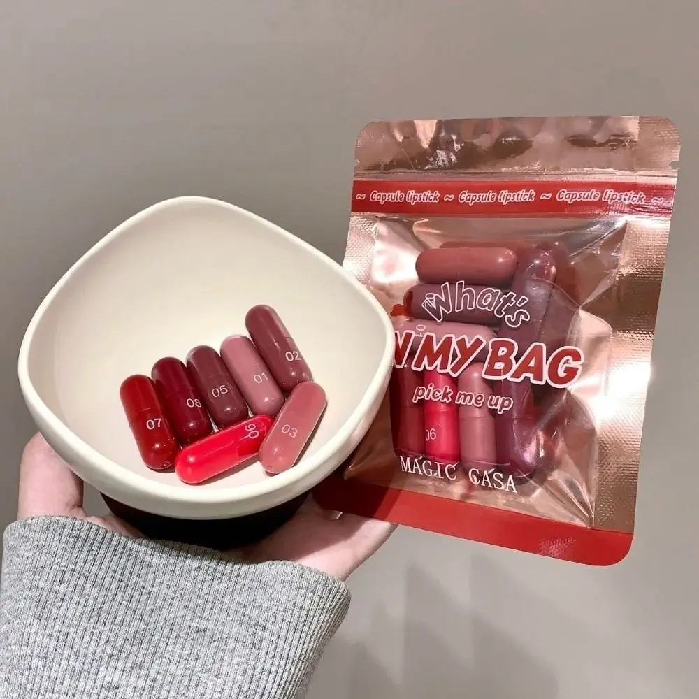 Mini 8 Colors Pill Lipstick Set Velvet Matte Long Lasting Mini Lip Makeups Waterproof Non-Sticky Texture Lip Gloss Daily Use