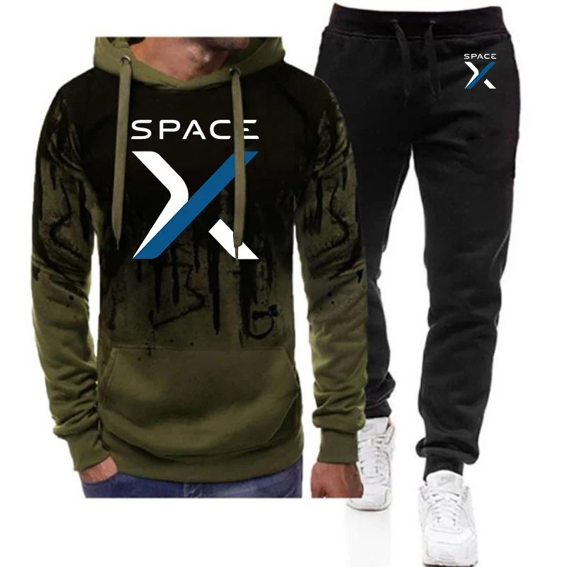 

2026 SpaceX Space X Logo Print Spring And Autumn Men's New Gradient Color Casual Hoodie+Sports Pants Timeless Suit
