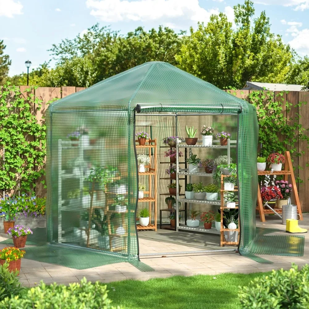 9.4x9.4x8.2 FT Outdoor Greenhouse,Walk-in Heavy Duty Metal Green House with 180g Double Layer PE Cover,Middle Size.