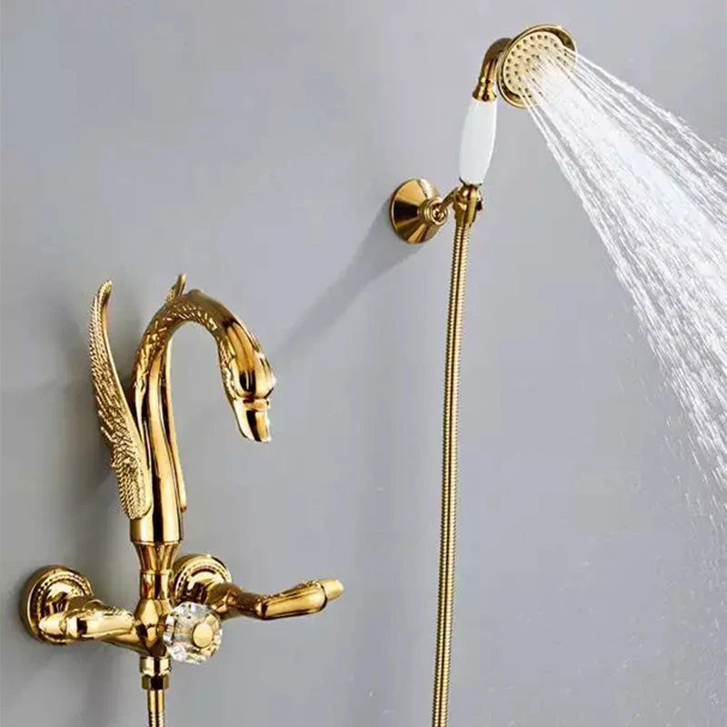 European retro high wall mounted swan shape gold bathroom faucet with telephone handheld shower head