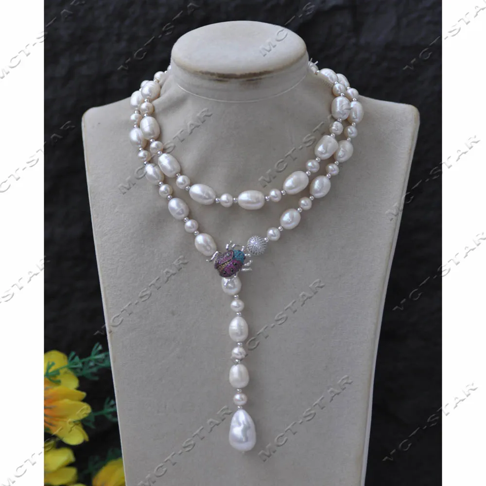 

Z14170 31" 20mm Pink Lavender White Gray Rice Round Pearl Necklace Keshi Pearl Pendant CZ Insect