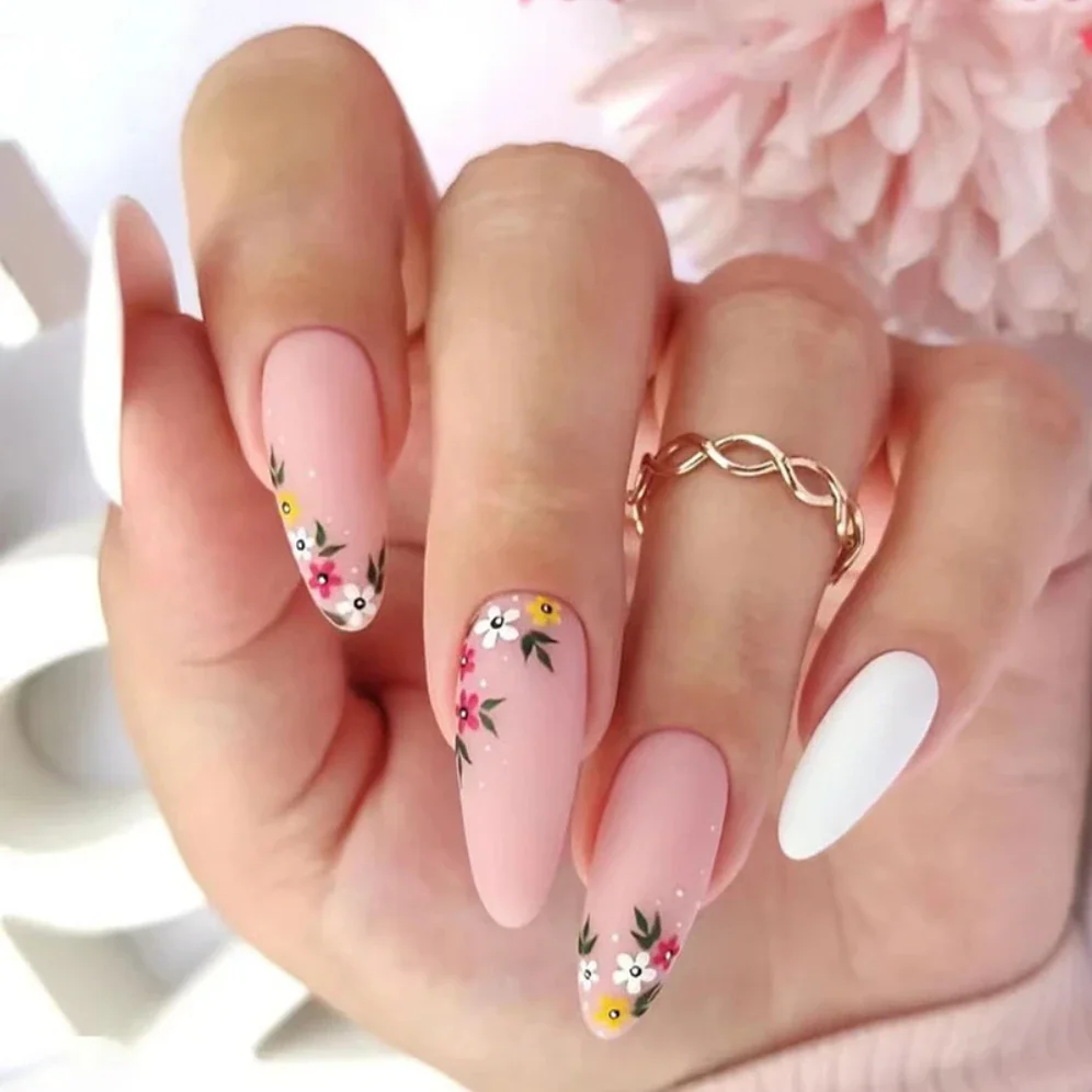 

24Pcs Set Almond White Cute Flowers Pink Vintage Frosted Nail Art Fake Nails Ballerina Press on Nails Removable False Nail Art