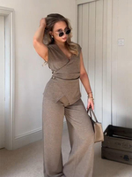 Summer Fashion Two Piece Sets Women Elegant Slim Office Suit Casual Deep V Neck Top Wide Leg Pants 2 Piece Set Female 2025