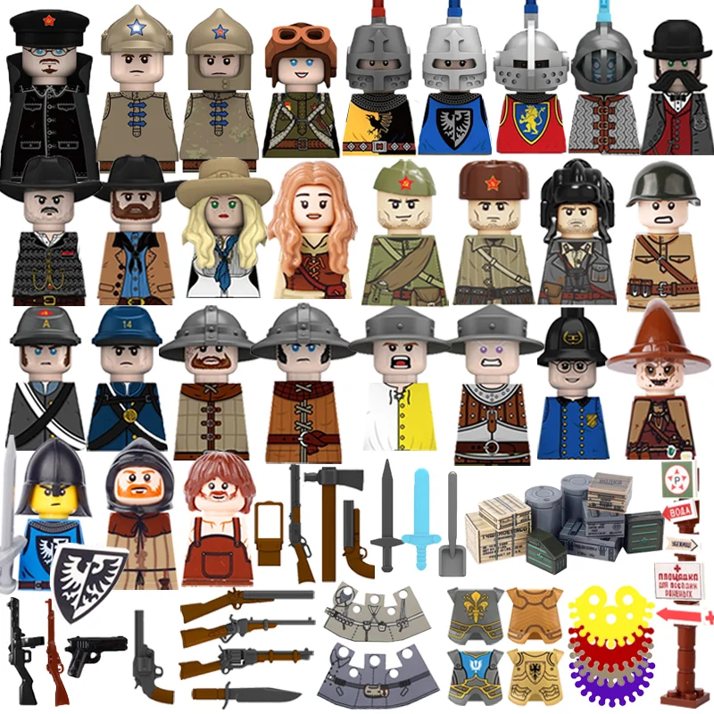 Medieval Military Building Blocks Soldiers Soviet Cavalry Weapons Guns Army Pilot Figure Cloak Map Road Signs Bricks Toys MOC