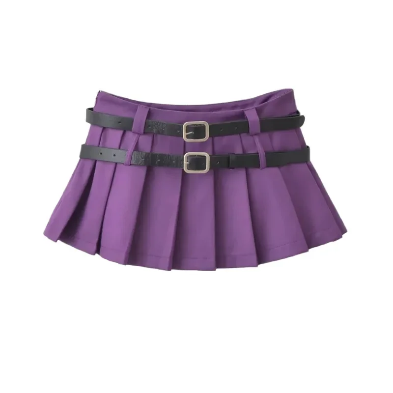 2024 Trend Mini Skirt Women Korean Vintage Y2K Pleated Skirt Summer Casual Japanese Preppy Style Solid Two Belts Short Skirts