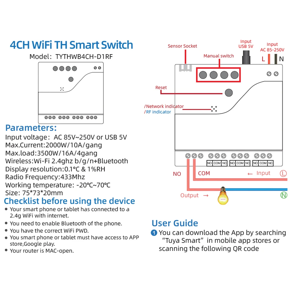 Tuya WiFi 250V 4 Channel Temperature Humidity Smart Switch,Smart Life APP, Passive Dry Contact Module Alexa Alice Compatible