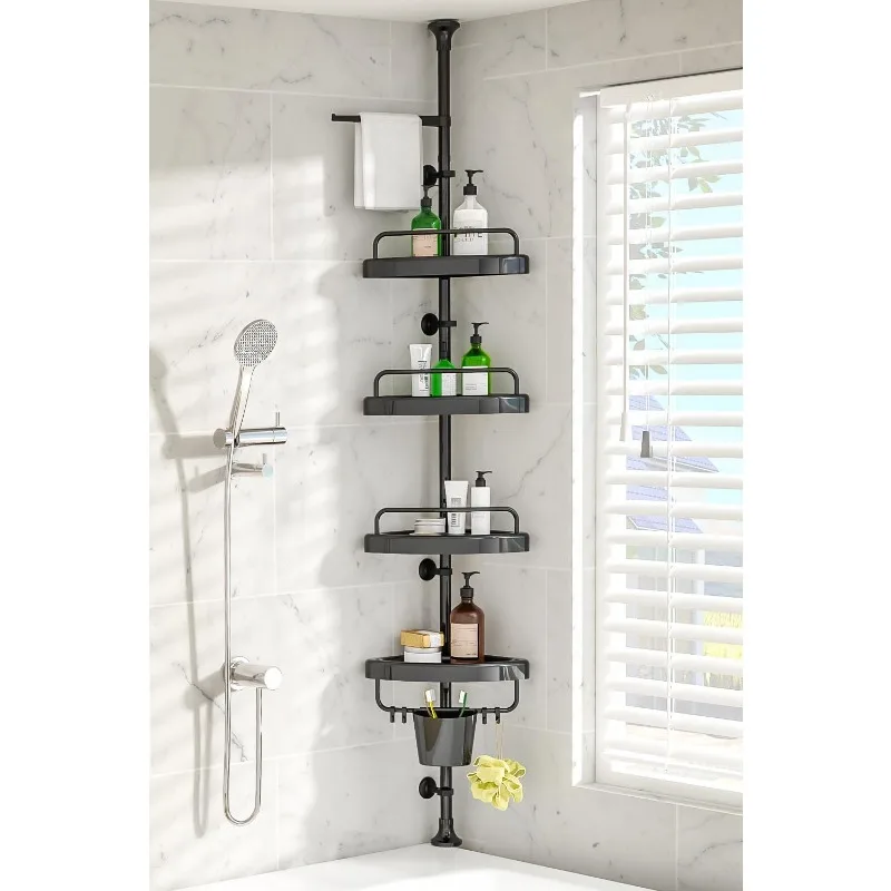 Rust Proof Shower Caddy Corner Tension Pole – Adjustable Height, 4 Tier Shelf Bathtub Organizers and Storage Includes Towel Rack