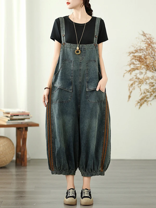 

Летние новые модные джинсовые комбинезоны в полоску, свободного кроя, больших размеров, с манжетами, длиной до колена, женские, трендовые, повседневные, с завышенной талией...