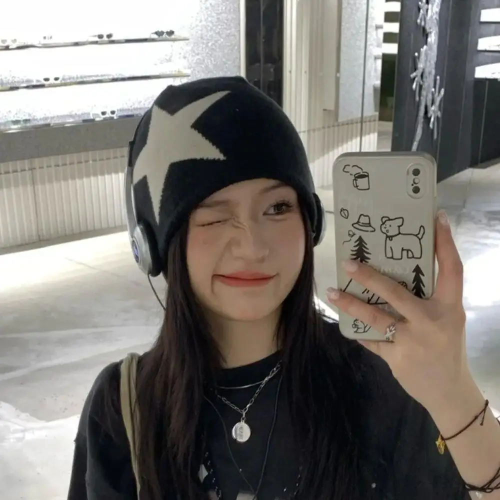 Star Pattern Pullover Cold Hat Warm Winter Hat Y2k Beanie Cap Women's Hat Jacquard Knitted Beanie Hats Hip Hop Ear Protector Cap