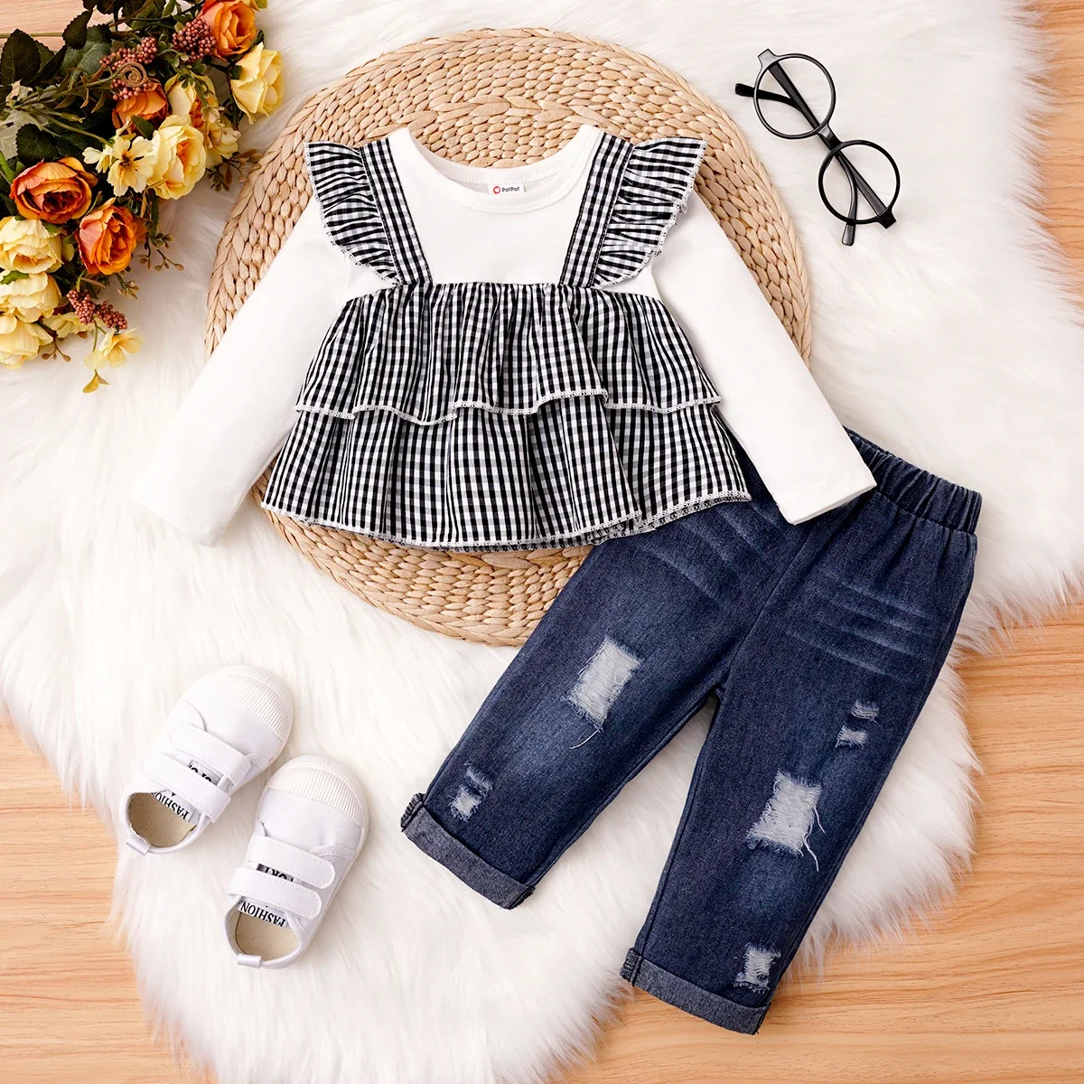 PatPat 2pcs Baby Girl Ruffle Plaid Long-sleeve Top and 100% Cotton Ripped Jeans Set Casual/Outdoor Suitable for Autumn Season