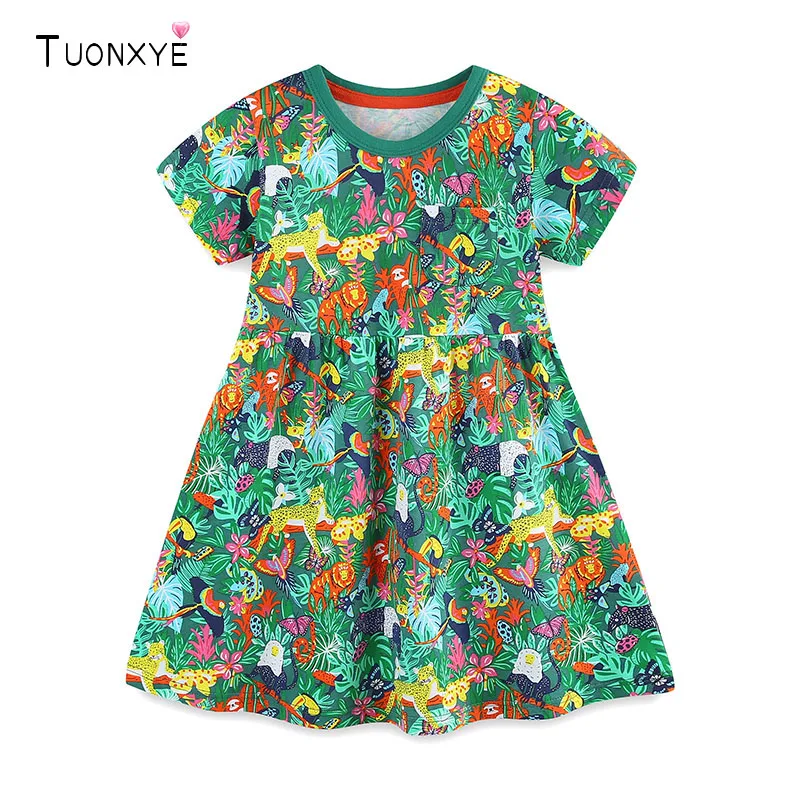 TUONXYE Girls Cotton Short Sleeve Dress Pocket Jungle Animal Summer Casual A-line Dresses Toddler Girl Floral Daily Wear