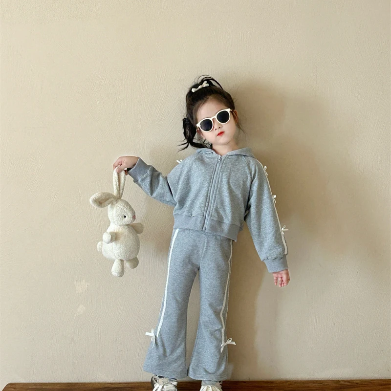 Girl Two Piece Set 2024 Autumn New Western Style Bow Hooded Zip Up Shirt Bell Bottom Pants Sweet Cute Kids