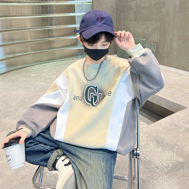 2025 Spring Boys Pullover Long Sleeve Tops for Kids Print Letter Sweatshirts Fashion Autumn Teens Child Cotton Patchwork Outfits