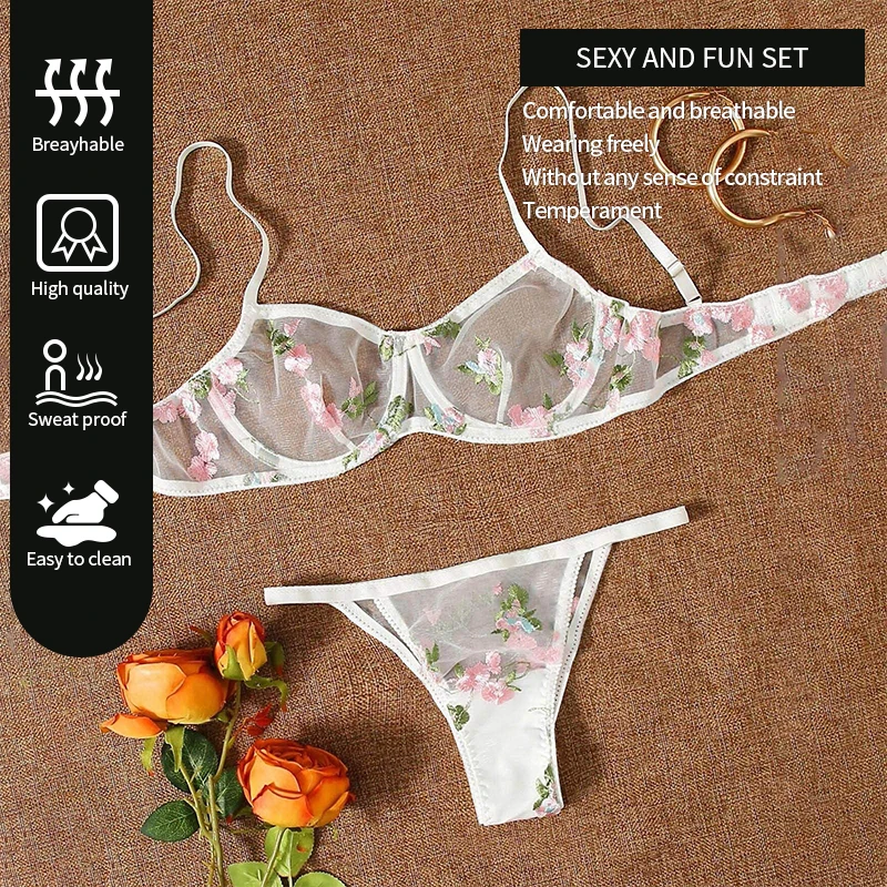 Girl\'s Sweet Bra Set Mesh Transparent Embroidered Flower Underwear Underwear Sexy and Comfortable Underwear Set