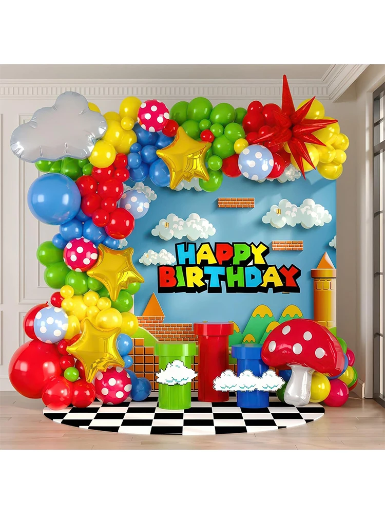 Rot Blau Grün Gelb Wolken Pilz Stern Ballons Bogen-Set für Cartoon Videospiel Super Bros Geburtstag Inspirierte Party-Dekoration