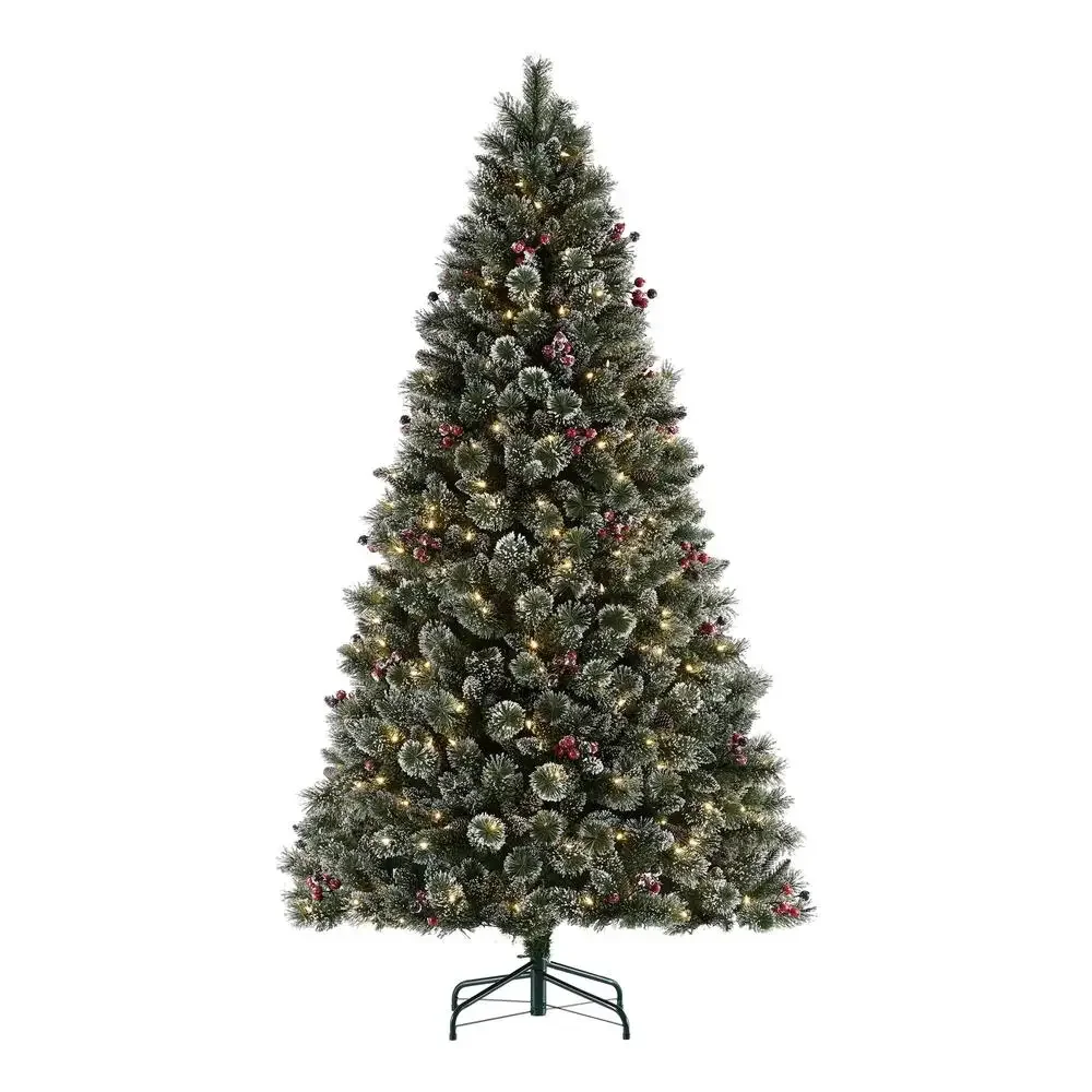 7.5ft Lit Frost Pine Artificial Christmas Tree 350 LED Warm White Holiday Decor Pinecones Berries Star