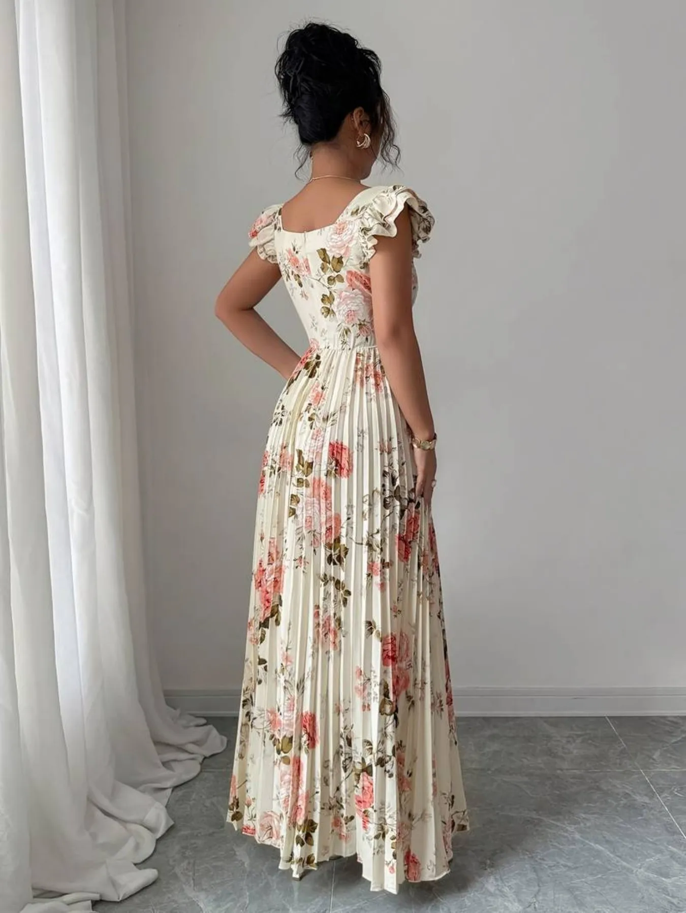 Elegant Pattern Pleated Long Dress Women's Maxi Dress Stylish Garment