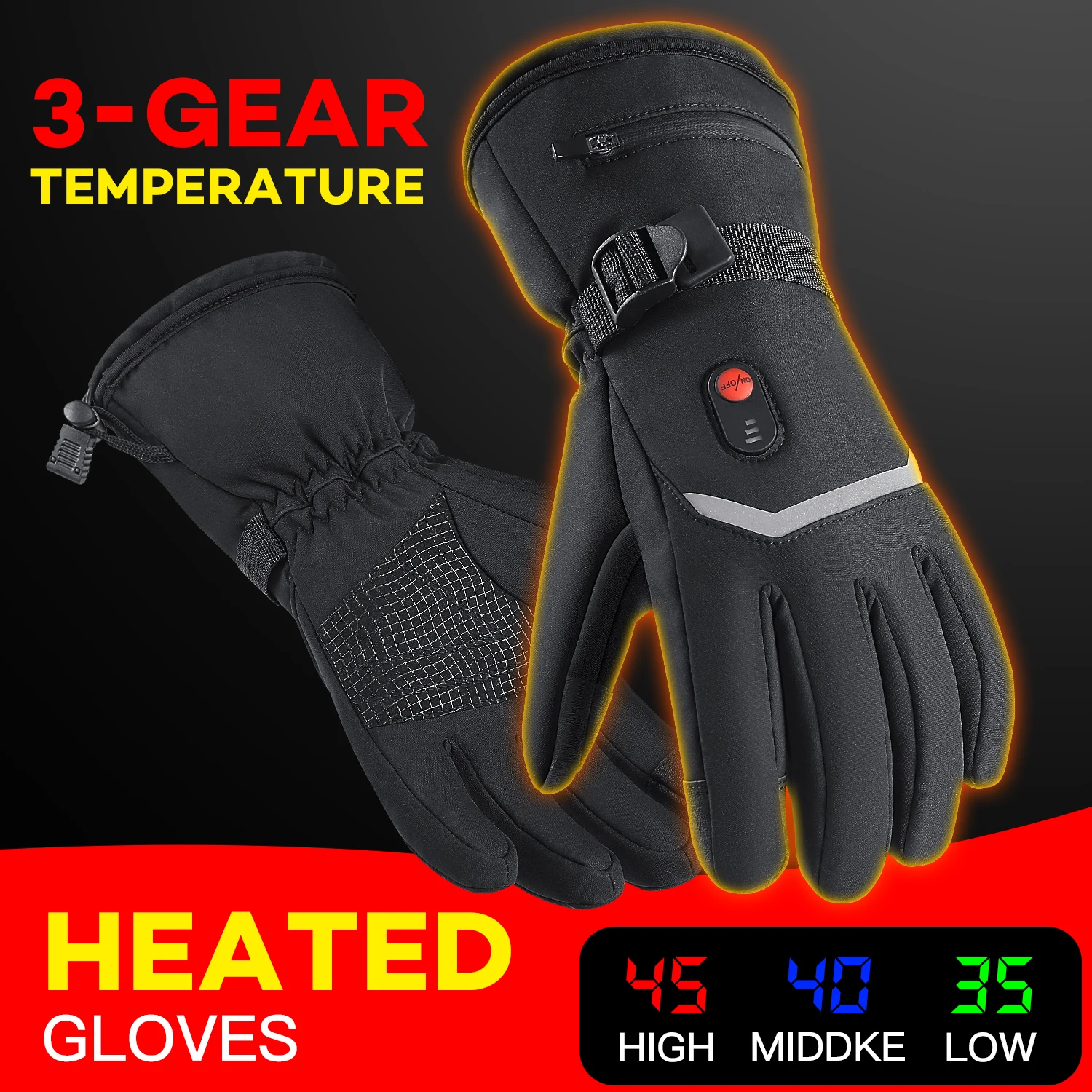 Electric heating gloves for winter skiing, adjustable in three levels, touch screen motorcycle gloves with waterproof strap and