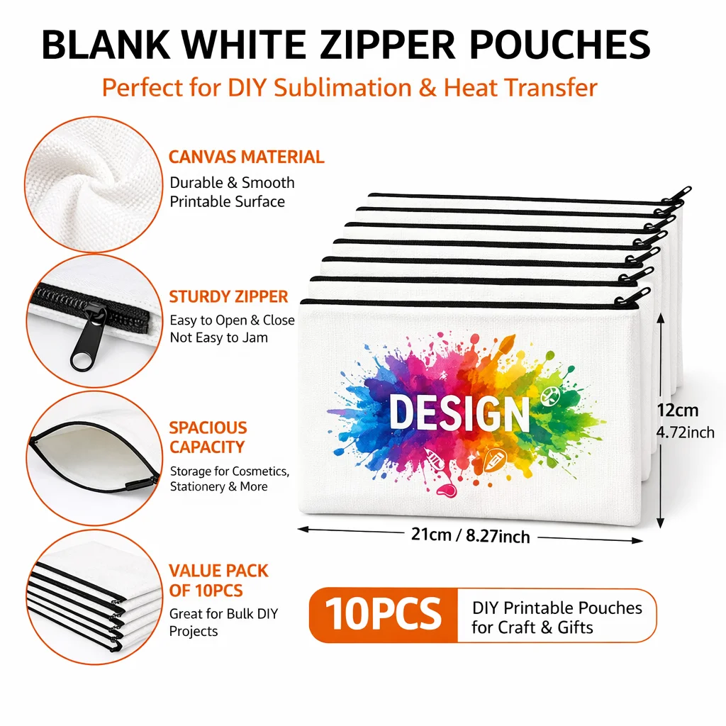 10/20/30PCS Sublimation Zipper Pouches Blank White Canvas Cosmetic Bags DIY Heat Transfer Printable Craft Storage Bags