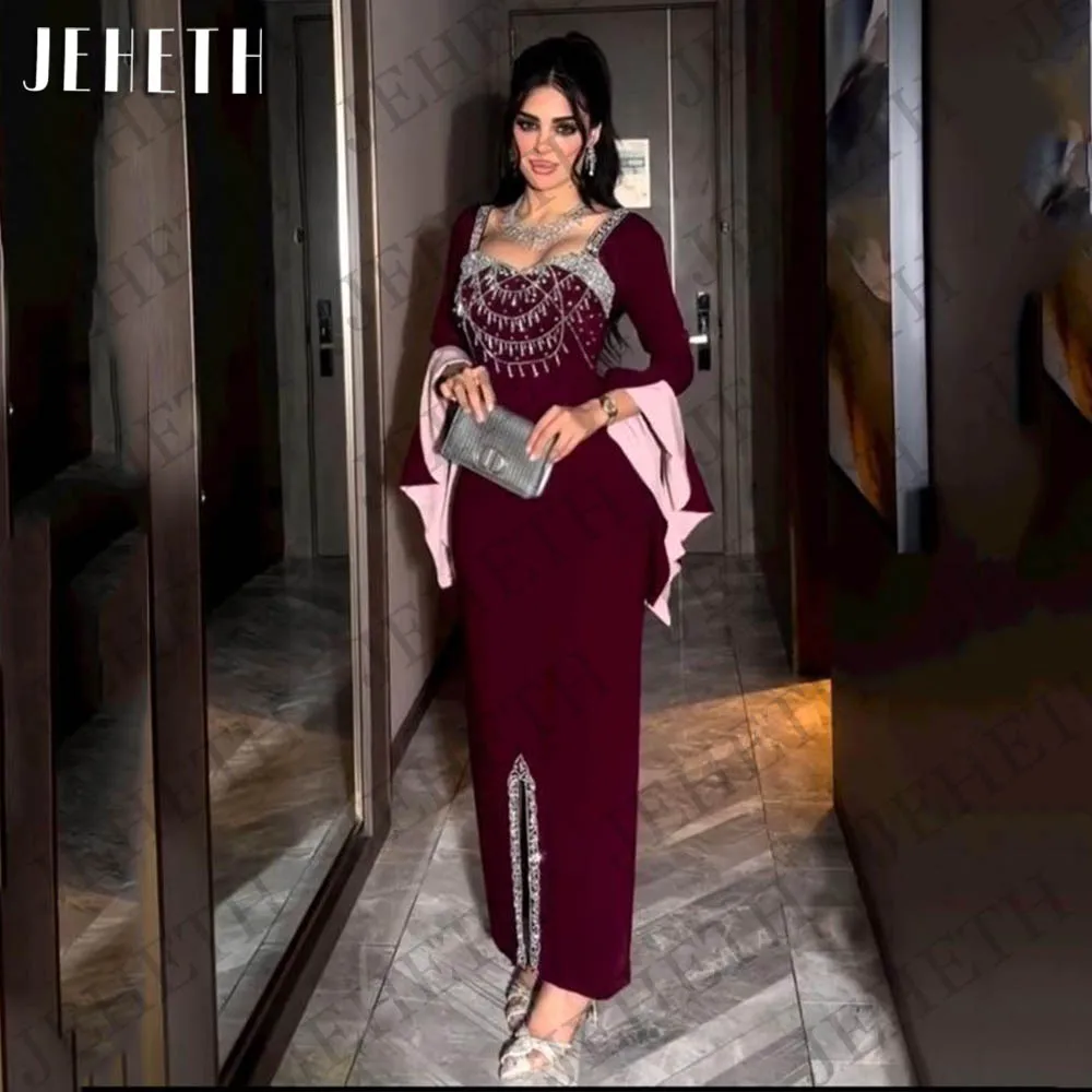 JEHETH Luxury Mermaid Dubai Evening Dresses Woman Burgundy Saudi Arabic Long Sleeves Beaded Split Formal Celebrity Occasion Gown