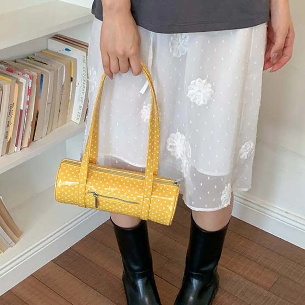 Cylindrical Polka Dot Cylinder Bag Zipper-closure Lightweight Korean Underarm Bag Vibrant Soft-leather Candy Color Purse
