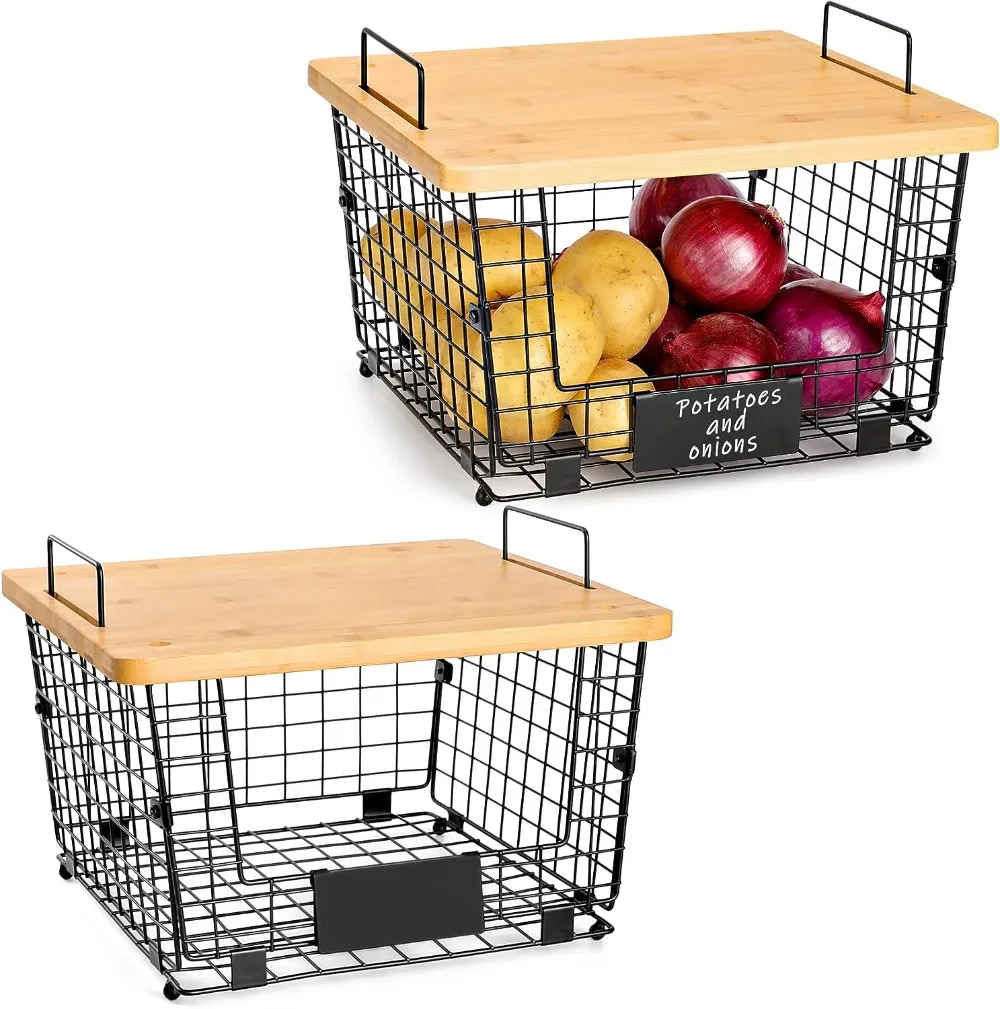 

2 Set Stackable Wire Basket with Bamboo Top -Kitchen Counter, Pantry Organization and Storage - Cabinet, Shelf, Countertop Space