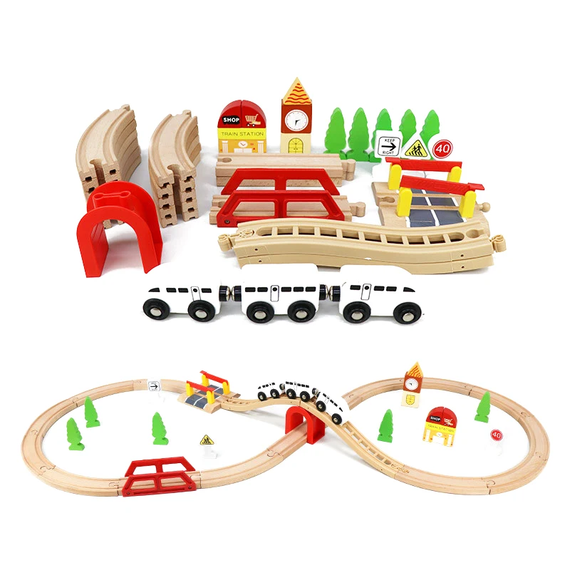 Children's Wooden Track Set, Red Bridge Bullet Train Obstacle Track Magnetic Train Combination Scene Boys And Girls Toys  G15