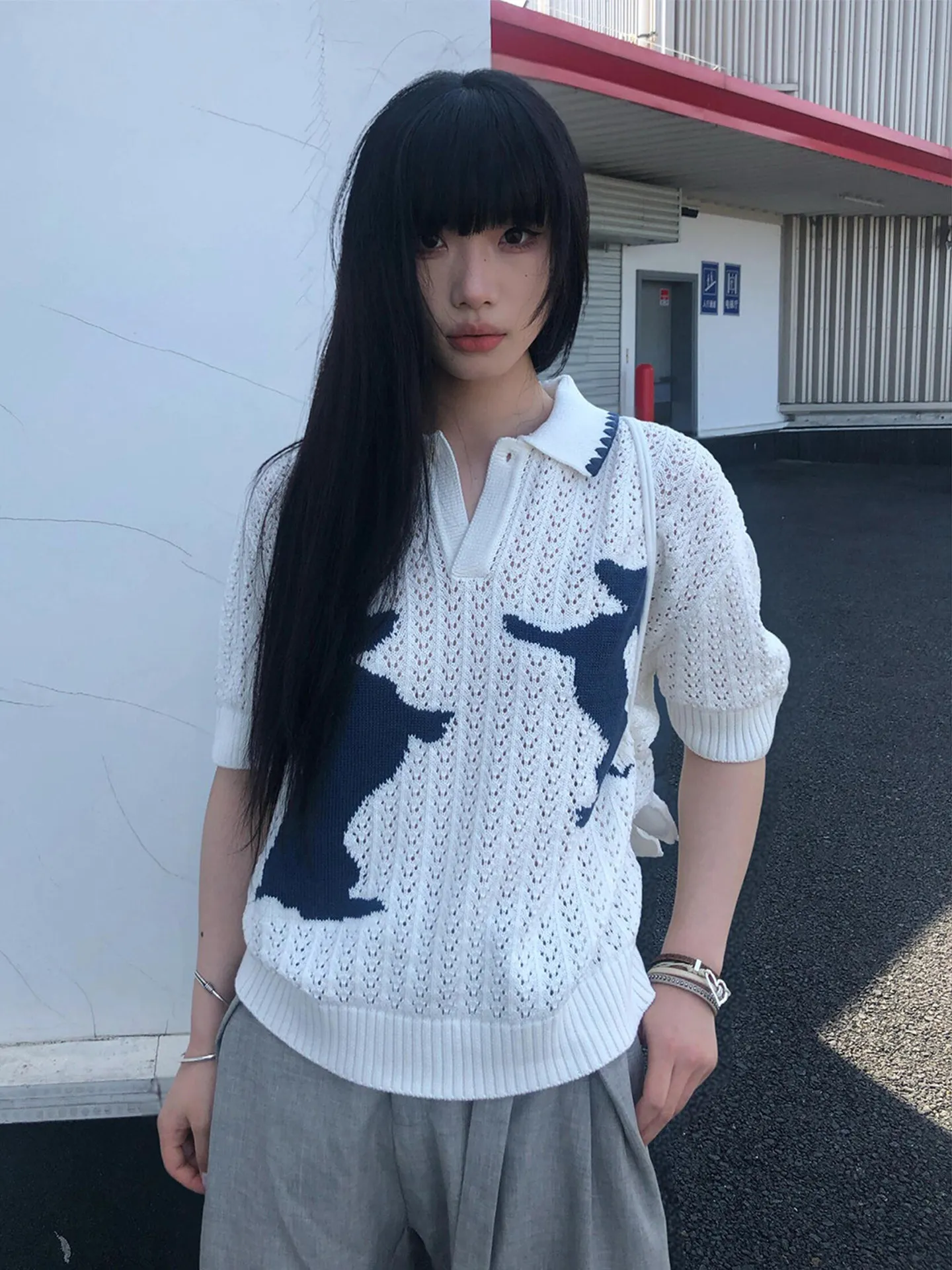 Fun Knitted Short Sleeve  Shirt for Men Summer Slim Fit Hollow out Shoulder Loose Style Breathable Casual T-Shirt