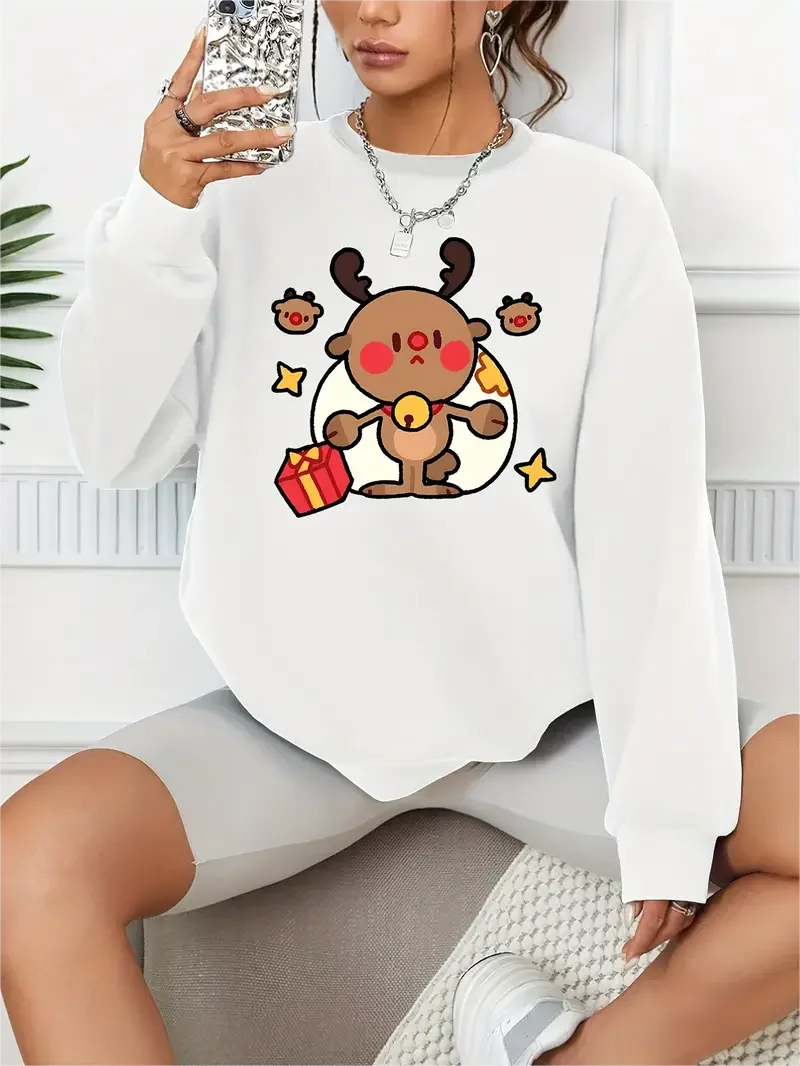 

Cute Reindeer Long-Sleeved Sweatshirts, Women's Casual Loose Pullover, Monochromatic Fashion Hoodies, 2024 Funny Print Top