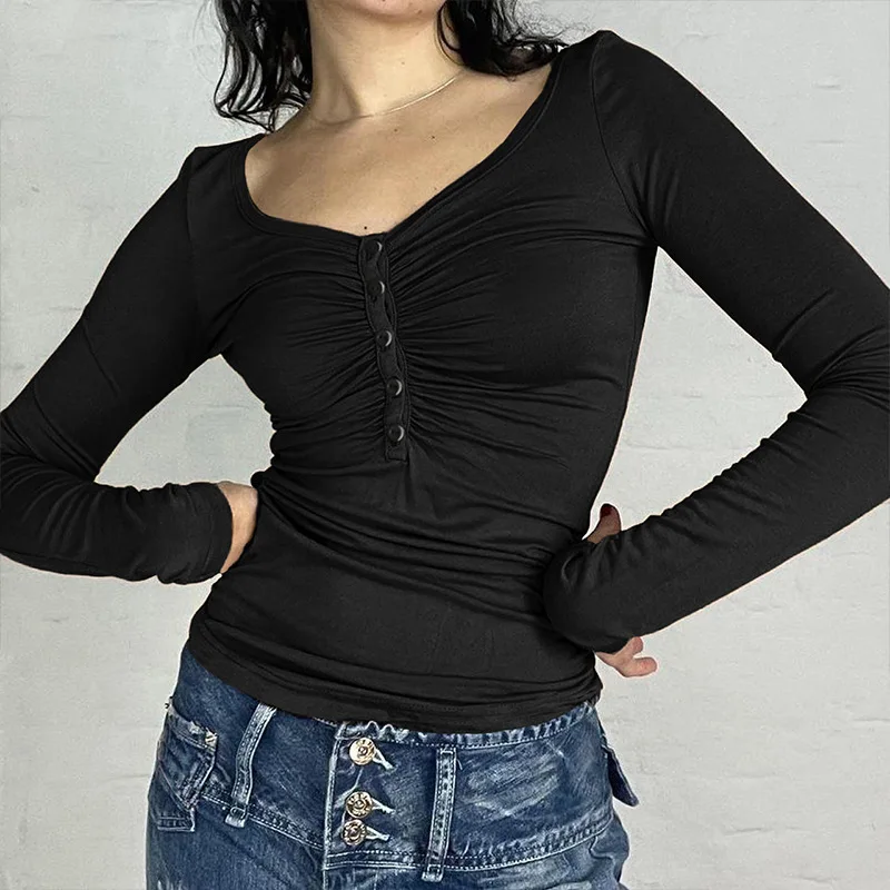 Basic pleated design buckle V-neck spicy girl slim fit elastic base long sleeved T-shirt image 3