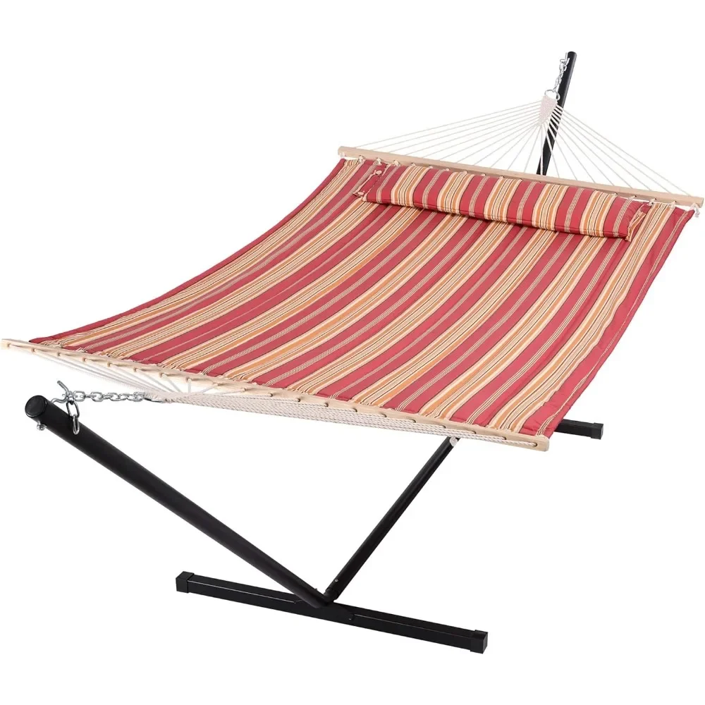 

Outdoor Hammock With Stand Two Person Quilted Fabric Hammock Swing With 12ft Steel Stand Outdoor Garden Hammocks Red Stripes