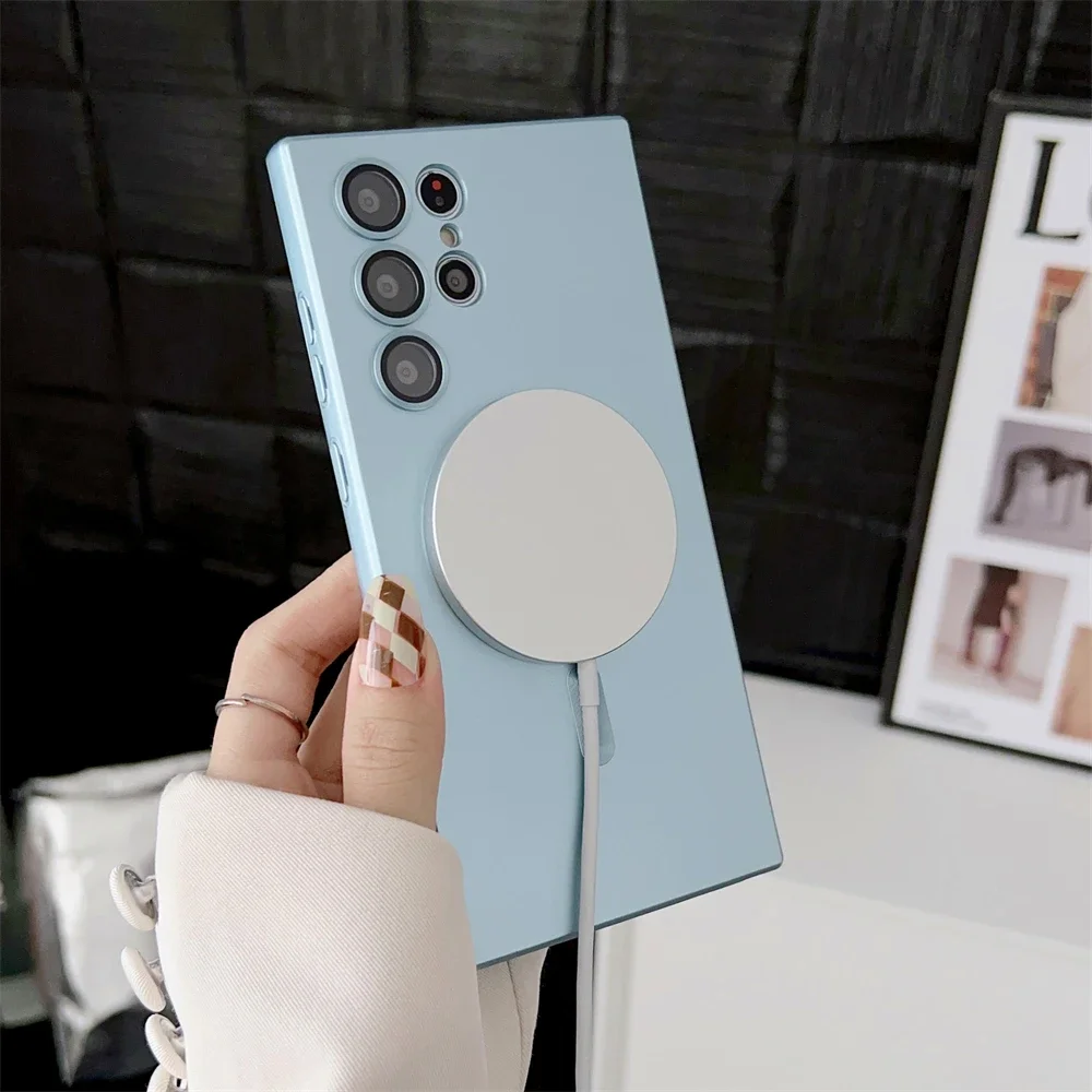 สําหรับMagsafeแม่เหล็กไร้สายชาร์จสําหรับSamsung S24 S23 S22 S21 S20 S20FE S23FEหมายเหตุ 20 Ultra Plus TPUนุ่มปกหลัง