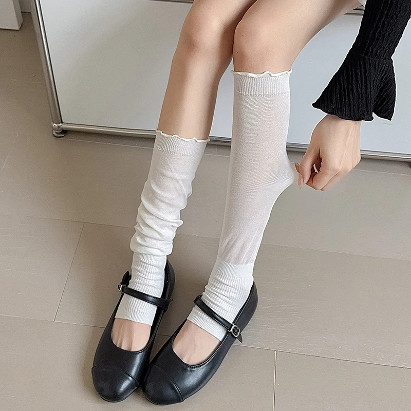 Mode Frauen Beinlinge Neue Frühling Einfarbig Kniehohe frauen Socken Dünne Atmungsaktive Farbige Rüschen Süße Lange Lose Socken