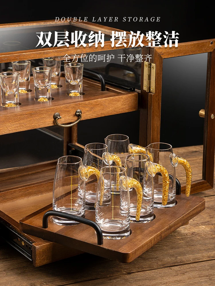 Household high-grade gold foil Baijiu cup set wine dispenser solid wood double glass storage wooden box wine cabinet one cup